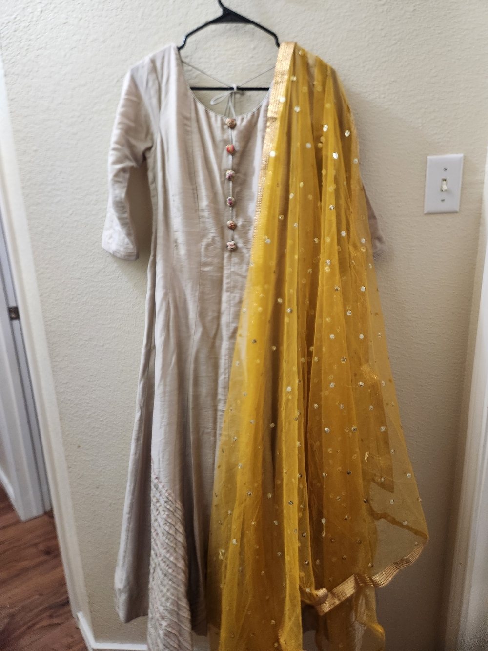 Elegant Cream Anarkali Dress with Mustard Gold Dupatta